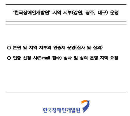 한국장애인개발원 지역 지부(강원, 광주, 대구) 운영 
1.본원 및 지역 지부의 인증제 운영(심사 및 심의)
2. 인증 신청시(E-mail 접수) 심사 및 심의 운영 지역 요청