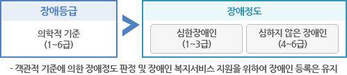 장애등급 의학적기준(1~6급)>장애정도 심한장애인(1~3급)/심하지않은 장애인(4~6급)