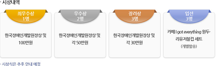 시상내역 - 최우수상 1명 : 한국장애인개발원장상 및 100만원 - 우수상 2명 : 한국장애인개발원장상 및 각 50만원 - 장려상 3명 : 한국장애인개발원장상 및 각 30만원 - 입선 3명 : 카페 I got everything 원두·리유저블컵 세트(개별발송) / - 시상식은 추후 안내 예정